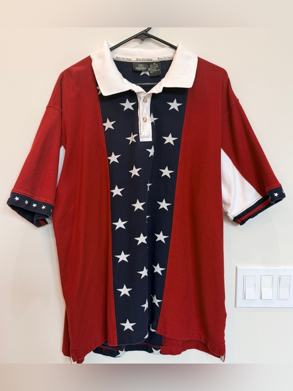 RedHead Bass Pro Shops Men’s XL Patriotic Stars Stripes Polo Shirt USA Cotton